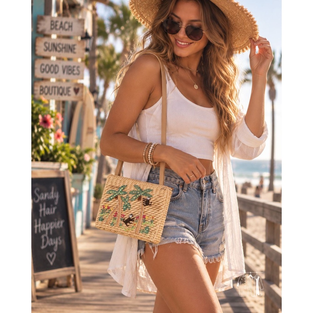 Cappelli Straworld Tote Bag Womens Small Tan Good Beaded Monkey Palm Tree Straw